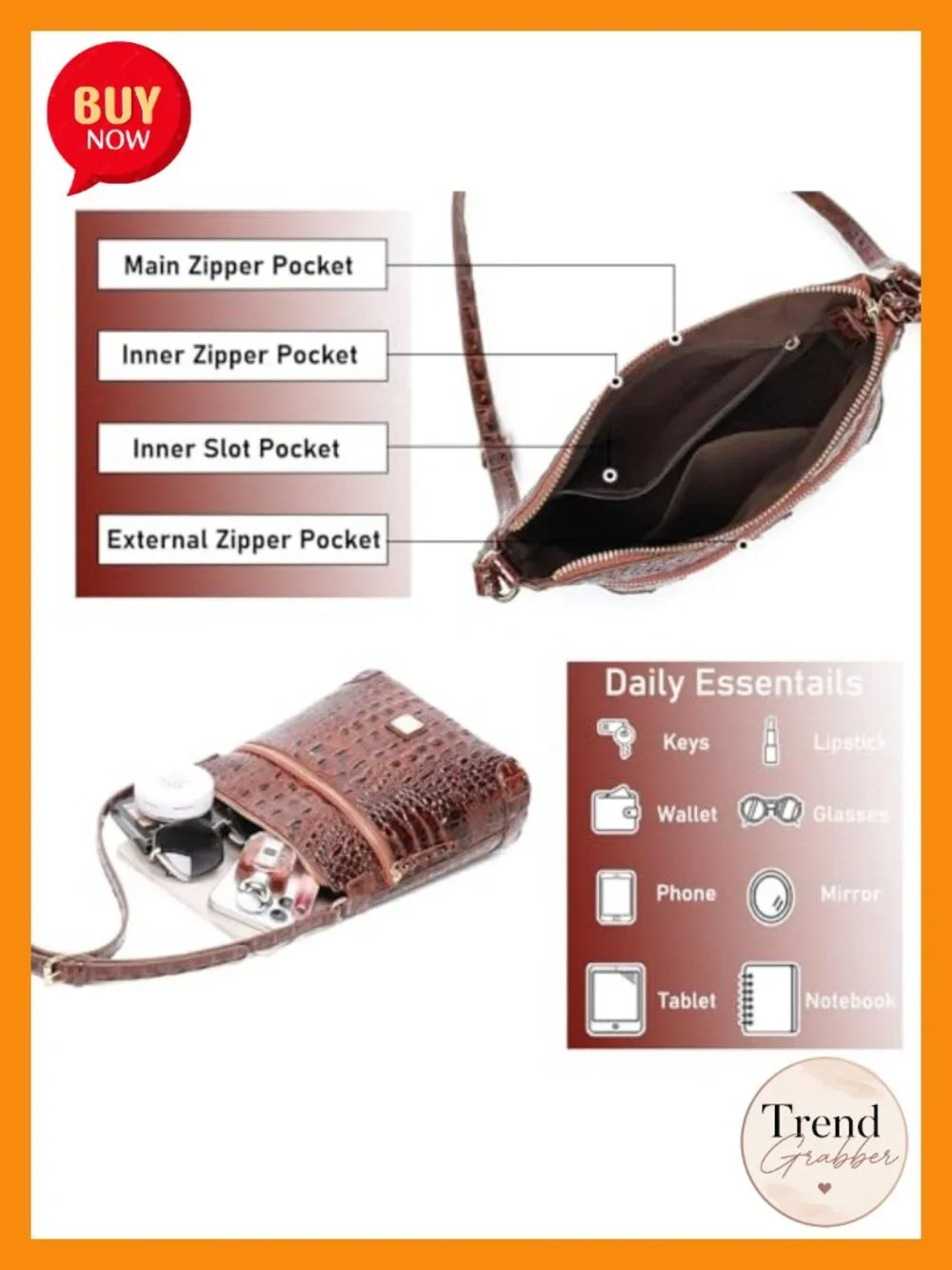 Women Crocodile Shoulder Flat Square Handbag Vegan Leather Crossbody Purse